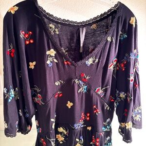 Anthropologie Black Floral Embroidered Top Flow Bell Sleeve - XS